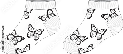 A pair of white ankle socks featuring a charming black and white butterfly pattern, perfect for casual wear and everyday comfort.