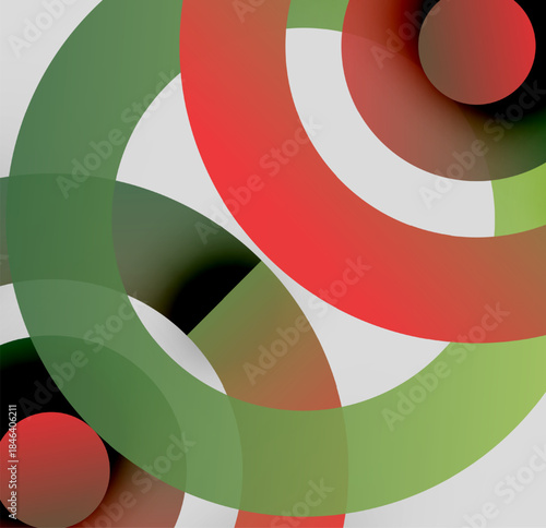 Abstract composition featuring overlapping circles. Colors include red, green, white, black. Shapes create dynamic visual effect.