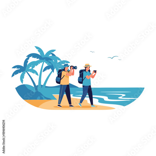 Two tourists exploring a tropical beach with palm trees and the ocean in the background