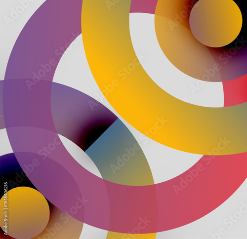 Abstract composition. Overlapping colorful circles create dynamic visual effect. Modern design, vibrant hues, smooth gradients present.