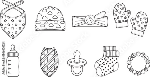 Black and white outline illustrations of various baby accessories including bibs, hats, mittens, a bottle, pacifier, socks, and a headband.