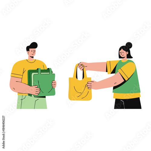 People exchanging eco-friendly reusable shopping bags, highlighting sustainable lifestyle choices and responsible consumption for a greener future