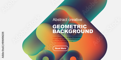 Colorful abstract shapes dominate design. Text overlays provide geometric background information, plus call to action button.