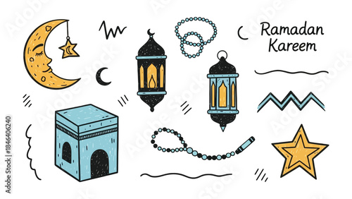 Ramadan Kareem Illustration: A charming, hand-drawn arrangement featuring a crescent moon with a star, lanterns, and a Kaaba, celebrating the holy month. 