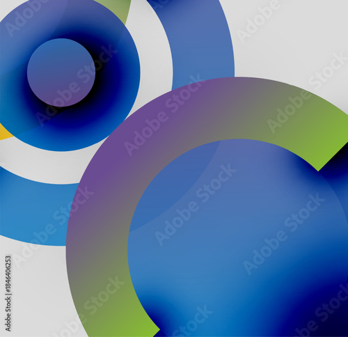 Abstract circles overlap, creating vibrant color gradients. Blue, green, purple dominate composition. Minimalist design, modern aesthetic.