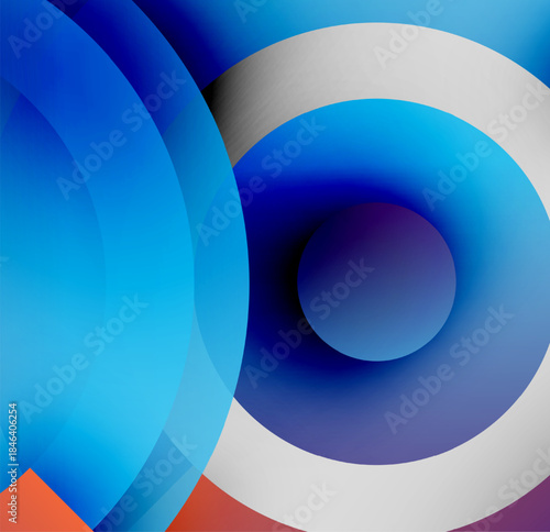 Abstract composition. Overlapping circles create depth, using vibrant blues, white, plus hints orange. Modern design, smooth gradients.