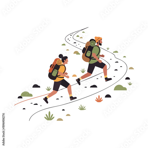 Two hikers with backpacks ascend a winding dirt path through sparse vegetation under a clear sky, symbolizing outdoor adventure and exploration