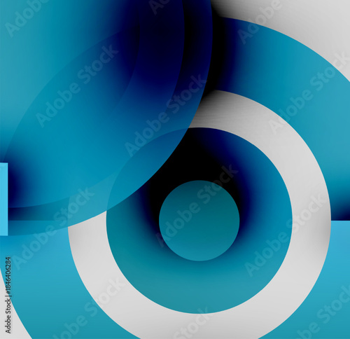 Abstract composition. Overlapping circles, varying blue shades, white accents create dynamic visual effect. Modern design elements present.