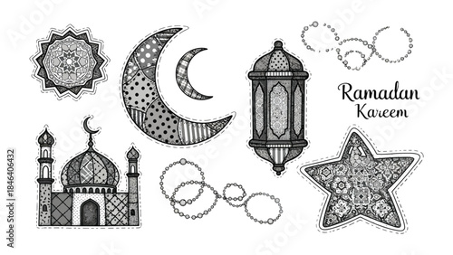 Ramadan Kareem Illustrations: A collection of meticulously drawn illustrations captures the essence of Ramadan, featuring traditional symbols. 