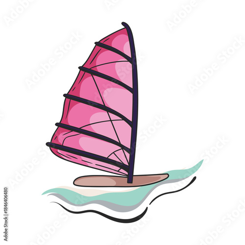 Windsurfing board with pink sail in ocean waves summer marine water sport cartoon vector