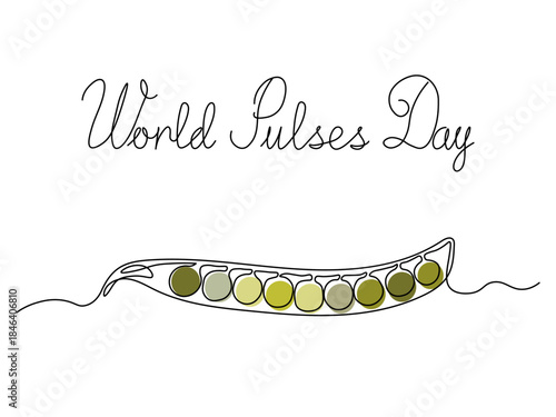 World Pulses day. Greeting card. Abstract pod of green peas, continuous single one line art hand drawing sketch logo on white background
