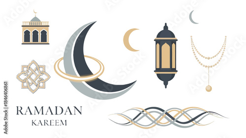 Ramadan Kareem Elements: An elegant illustration featuring an array of traditional symbols and decorative elements associated with Ramadan, including crescent moons, lanterns, and ornate design.