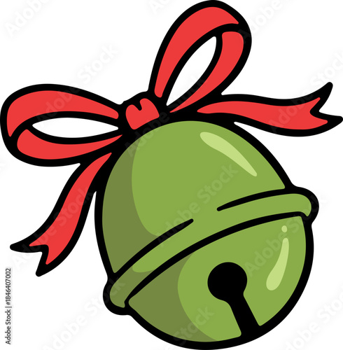 Green Jingle Bell with Red Ribbon for Christmas Holiday