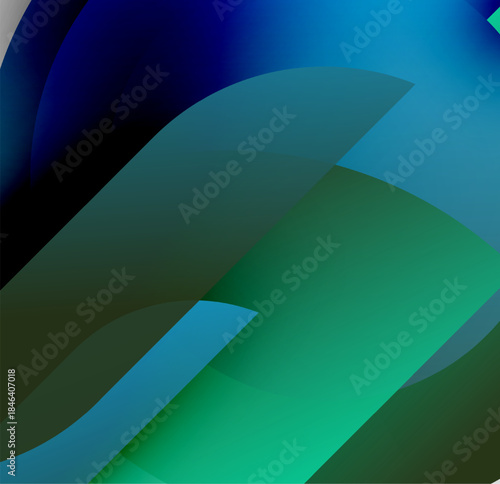 Abstract composition. Overlapping curved shapes create dynamic visual flow. Blues, greens dominate color palette. Smooth gradients present depth.