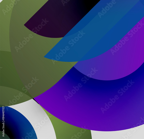 Abstract shapes overlap, creating vibrant color gradients. Composition features curves, blues, purples, greens, black background.