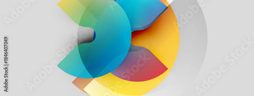 Abstract colorful design features overlapping circles, gradients. Modern aesthetic, dynamic composition, light background.