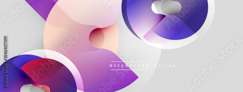 Abstract shapes overlap, creating soft gradients. Purple, pink hues dominate light background. Modern design element.
