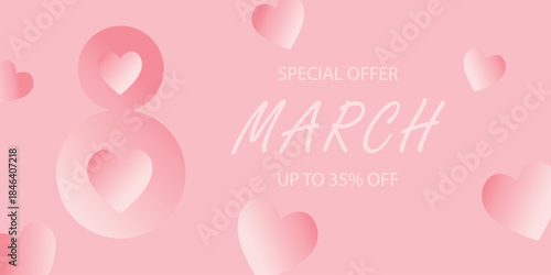 Advertising banner with information about discounts in honor of International Women's Day and March 8th.