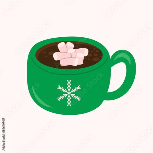 Hot cocoa with marshmallows in a green cup decorated with a snowflake. A traditional winter drink.