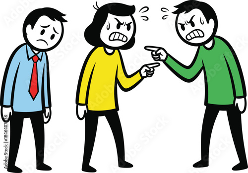 Cartoon illustration of a conflict between four people with exaggerated expressions and vibrant clothing colors