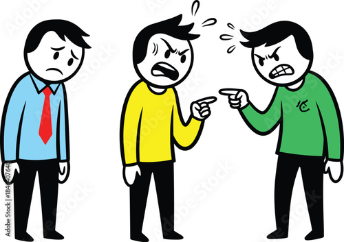 Cartoon illustration of a heated argument escalating between four business people in a modern office setting