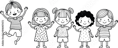Charming black and white illustration of a group of diverse children with playful expressions and unique hairstyles
