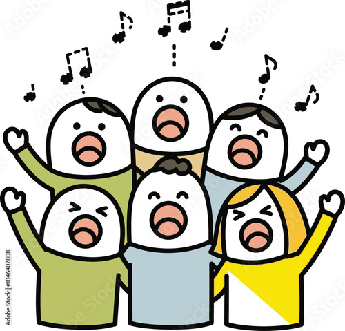 Cheerful cartoon sushi rolls singing together with musical notes floating above their heads on a white background