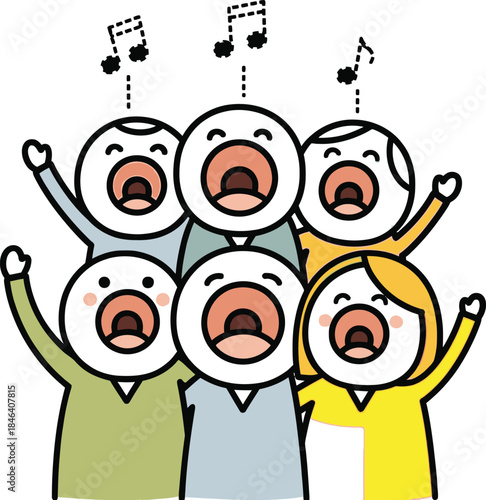 A cheerful group of cartoon people singing together with musical notes floating above their heads in a playful illustration