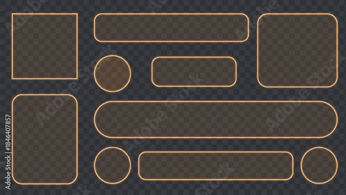 Gold light frame banner set on transparent background. Liquid glass plate for mobile phone ux, web interface, tech and hud. Rectangle and circle light frame with shine and reflect, vector illustration