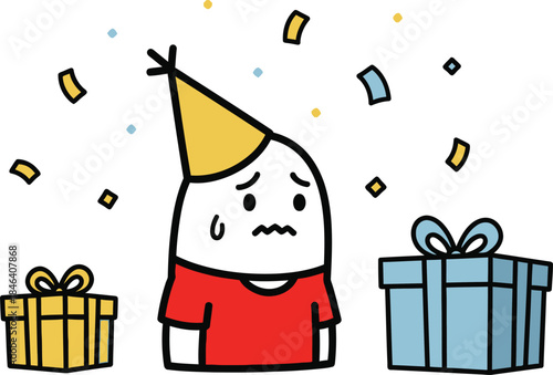 Sad little character wearing a party hat surrounded by unopened gifts expressing disappointment on a birthday