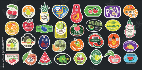 Fruit Produce Labels Vector Set. Trendy Hand Drawn Fruits Illustrations. Tags or Stickers in form of Fruits.