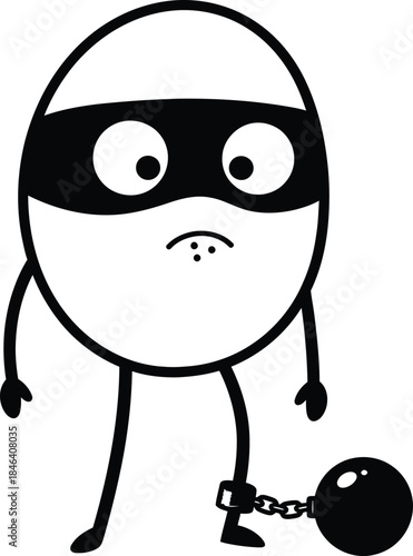 A whimsical cartoon egg character wearing a black mask and ankle weight suggesting mischief or imprisonment