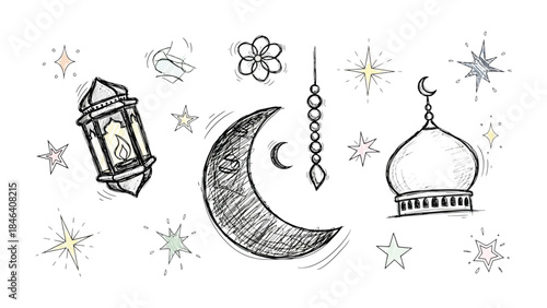 Eid al-Fitr Sketch: A hand-drawn sketch that captures the essence of Eid al-Fitr, featuring a crescent moon, mosque dome, stars, lanterns, and flower, evoking feelings of spirituality, festivity.