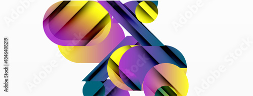 Abstract geometric composition. Spheres intersect ribbons, vibrant colors blend. Modern digital illustration, clean aesthetic.