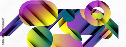 Abstract colorful shapes overlap, creating dynamic visual composition. Gradient hues blend, forming modern design element.