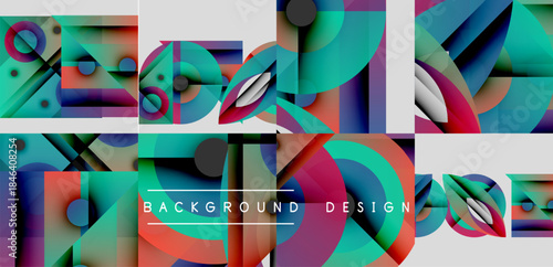 Abstract geometric shapes, vibrant colors, modern design elements. Composition features overlapping circles, squares, triangles. Background is black.