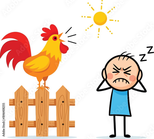 Cartoon illustration of a man covering his ears near a crowing rooster and a bright sun above a fence
