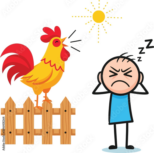 Cartoon illustration of a frustrated man blocking out a loud crowing rooster on a sunny morning