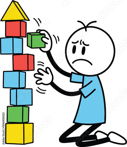 Stick figure frustrated with a wobbly tower of colorful building blocks that is about to collapse