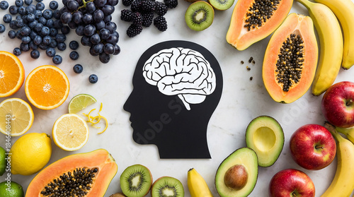 Vibrant fresh fruits surrounding a brain silhouette on marble, symbolizing healthy eating for cognitive function, mental wellness, and intelligence