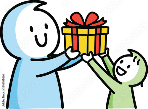A cheerful illustration of a parent gifting a brightly wrapped present to a delighted child symbolizing love and celebration
