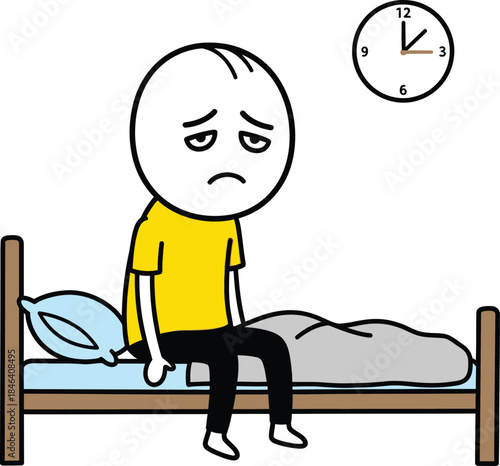 A sad cartoon character sits on the edge of a bed looking at the clock with a worried expression