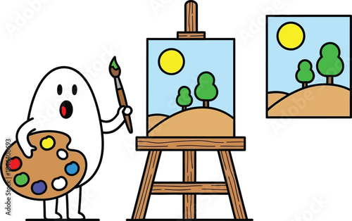 Charming cartoon ghost artist happily painting a landscape scene on an easel with vibrant colors and creative flair