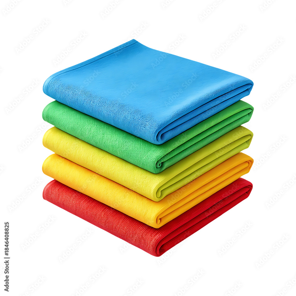 Fototapeta premium Stack of brightly colored folded microfiber cleaning cloths on a transparent background