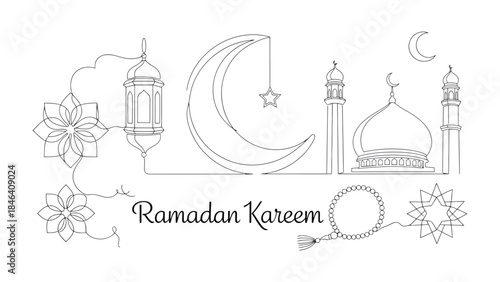 Ramadan Kareem Illustration: Artistic illustration featuring iconic symbols of the holy month. capturing the religious and cultural significance of Ramadan.