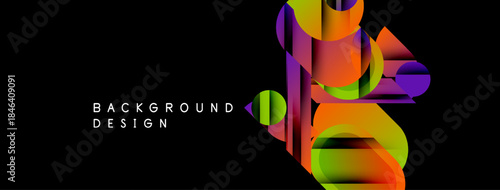 Abstract colorful design dominates black background. Dynamic shapes blend, creating modern visual impact. Gradient hues offer vibrant contrast.