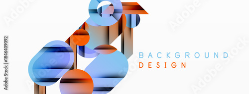 Abstract geometric shapes overlap. Blue, orange hues dominate design. Minimalist style creates modern visual impact. Clean lines, simple forms.