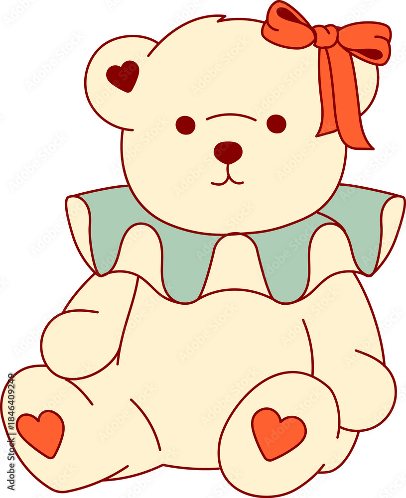 Fototapeta premium A tender clip art illustration of a vintage teddy bear with a coquette collar, bow, and hearts. A cute and charming isolated graphic design element.