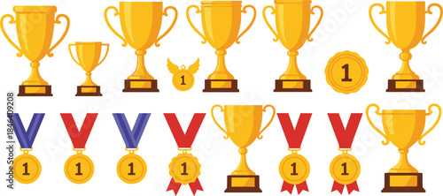 Gold trophy and medal collection with first place awards winner cups championship flat vector illustration set