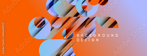 Abstract geometric shapes blend orange, blue, purple hues. Modern design creates dynamic visual experience. Background features layered elements.